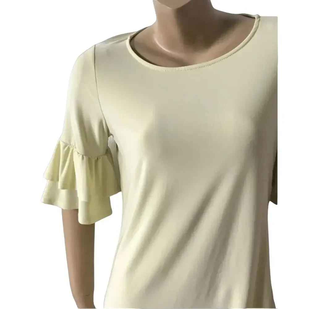 Faith and Joy Monteau Top Womens Small Yellow Ruffle Bell Sleeve Stretch Blouse